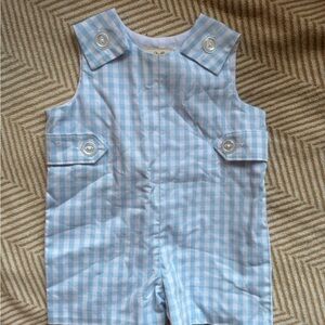 The Beaufort Bonnet Company Blue and White Gingham Baby Romper shortall TBBC boy